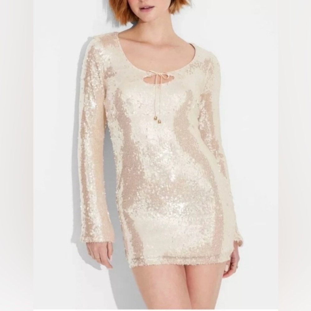 Wild Fable Cream Sequin Dress with Bow Detail